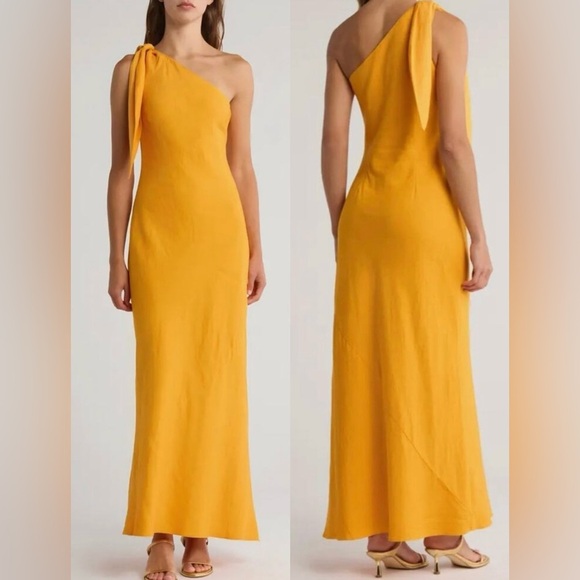 NEW CULT GAIA Kamila One Shoulder Linen Maxi Dress butter yellow Womens Sz M - Picture 1 of 6